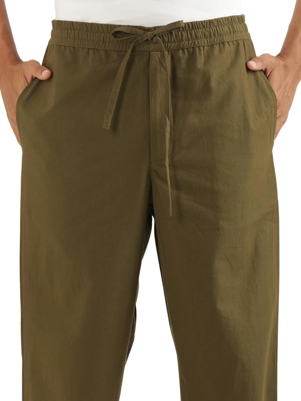 Image of SAADAA Men's 100% Cotton Pants | Mid-Rise Straight Fit Casual Trousers with Elastic Waistband and 3 Pockets | Everyday Wear