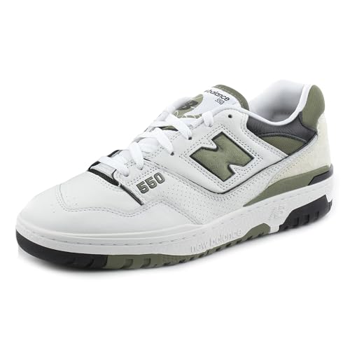 New Balance Men's 550 Sneakers, White/Dark Olivine, 8 Medium US