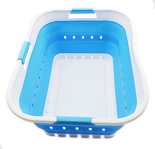 Image of SAMMART 42L (11 gallon) Collapsible Plastic Laundry Basket - Foldable Pop Up Storage Container /Organizer - Space Saving Hamper /Basket (1, White /Marine Blue)