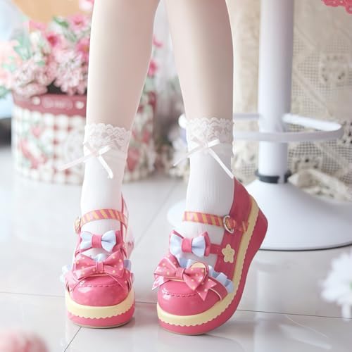 Women Lolita Shoes Heel Mary Jane Lace Pumps with Bow Kawaii Cute Cosplay Wedge Boots Cross Strap Block Heel Sweet Style3