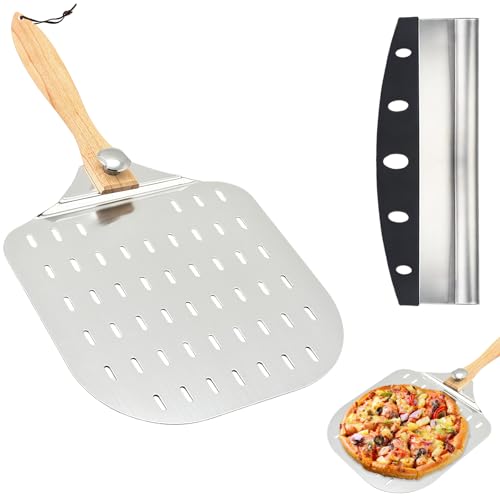 Folding Perforated Pizza Peel 12 Inch, Aluminum Metal Pizza Paddle Set, Pizzas Oven Accessories Foldable Wood Handle and Pizzaes Cutter, Pizzas Turning Peel for Homemade Pizzaes, Bread, Pie