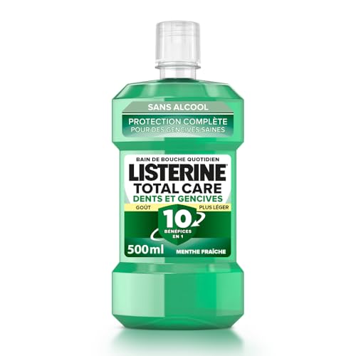 Listerine – Bain de Bouche Total Care Dents et Gencives Goût Plus Léger 0% Alcool (bouteille de 500 ml) – Soin bucco-dentaire 10 en 1 – Bain de bouche...