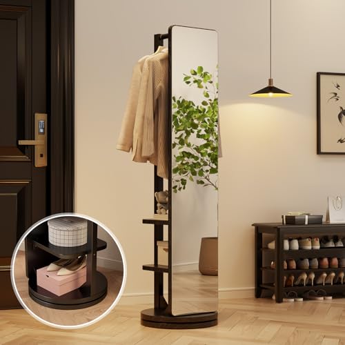 Image of WoodsWhisper Full Length Mirror Coat Rack Solid Wood Floor Mirror 66 inchx12 inch Full Length Mirror with Stand Long Mirrors for Bedroom,Living Room (Black, 66 inch Lx12 W)