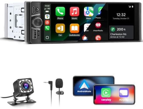 KMUTZY 1 DIN Autoradio mit Wireless CarPlay Android Auto, 6,28 Zoll Touchscreen Single DIN Radio mit Bluetooth Freisprecheinrichtung, GPS Navigation, Mirror Link, FM, USB, Type-C,