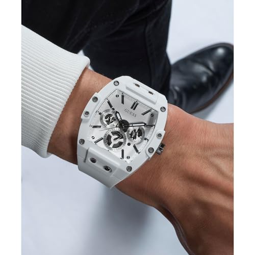 Image of GUESS Mens Casual Multifunction 43mm Watch - White Polycarbonate Case with White Skeleton Dial & White Silicone Strap
