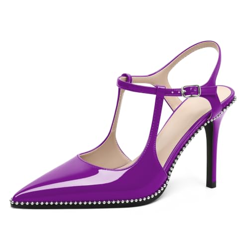 Image of SAMMITOP Womens High Heels Ankle Strap Pointed Toe Stilettos Patent Leather Beaded Pumps Dress Shoes 3.5 Inch