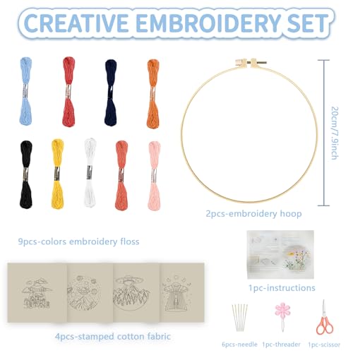 Image of FREEBLOSS 4 Set 8'' Embroidery Kit for Beginners UFO&Alien Pattern Embroidery Kit with Instructions Full Kit of Embroidery Cloth 2 Embroidery Hoops 9 Colors Flosses