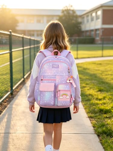 Image of Kids Backpack for Girls Girls Backpack Rainbow School Bag for Elementary Primary School With Pen Bag -16inch Purple