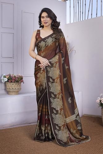 Image of MIRCHI FASHION Saree for Woman Chiffon Foil Work Floral Printed | Ethnic Sari for Function and Farewell with Unstitched Blouse Piece (Available in 15 Colors)