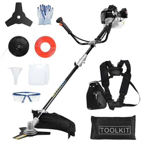 52CC Gas Powered Weed Wacker 2-Stroke Engine, Professional Weed Eater String Trimmer with Brush Cutter Attachment, Adjustable Shaft for Lawn Landscaping & Yard Maintenance (Black)