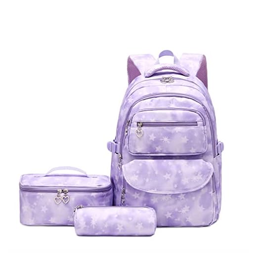 Kit de Mochila Escolar com Estojo e Lancheira Infantil Menina Padrão Geométrico Mochila Feminina Resistente a água Casual Viagem Faculdade (Roxo)