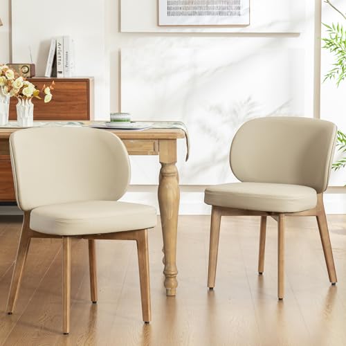 Image of YOUNIKE Dining Chairs Set of 2 Kitchen Dining Room Chairs Modern Khaki | Faux Leather Upholstered Armless Side Accent Chair with Back 20.1 inch Wide Padded Seat Wooden Legs for Living Room Bedroom
