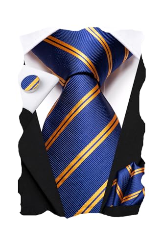 Image of Hi-Tie Men Ties Sets Silk Stripe Paisley Necktie Pocket Square Cufflinks for Business Wedding