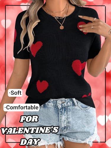 Kaei&Shi Heart Short Sleeve Sweater,Summer Sweaters for Women Lightweight,Dressy Casual Valentines Knit Tops4