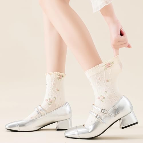 Image of Womens Ruffle Crew Socks Vintage Patterned Ankle Casual Fashion Dress Sock Cute Lettuce Floral Socks 5 /6 Pack