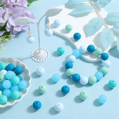 SOFPLATE 1 Box 60Pcs Round Silicone Bead Blue Focal Beads Bulk Mixed Color 15mm 16mm Rubber Soft Loose Spacer Beads for Bracelets Keychain Beadable Pens Necklaces Jewellery Making Beading DIY Crafts - Image 4