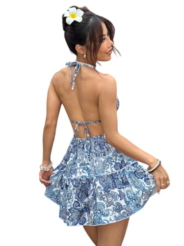 Image of KATECLO Women's Halter Backless Paisley Print Mini Dress - Summer Beach Vacation Sundress, Flowy A-Line Casual Resort Outfit