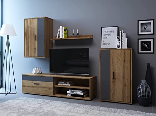 Home Heavenly® - Mueble salón Modular Bosco de 230 cm. Conjunto Completo Mueble TV + 2 vitrinas + Estante (Wotan-Gris)