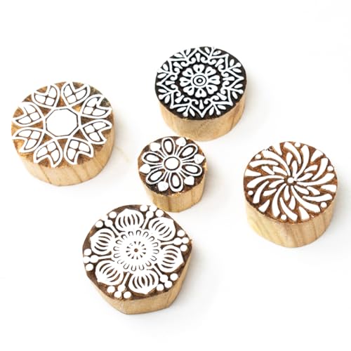 Hashcart Wooden Indian Traditional Design Printing Stamps | Set of 5 | Blocks for Printing Saree Border/Dresses/Craft Card Making/Scrapbook/Clay Pottery