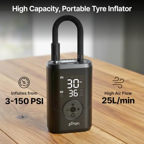 Image of pTron AerFlo X1 w /Superfast 25LPM Tyre Inflation, 150 PSI Pressure, 5000mAh Battery, Cordless Tyre Inflator for Cars & Bikes, Preset Modes, LED Flashlight, Type C Charging & Multiple Nozzles (Black)