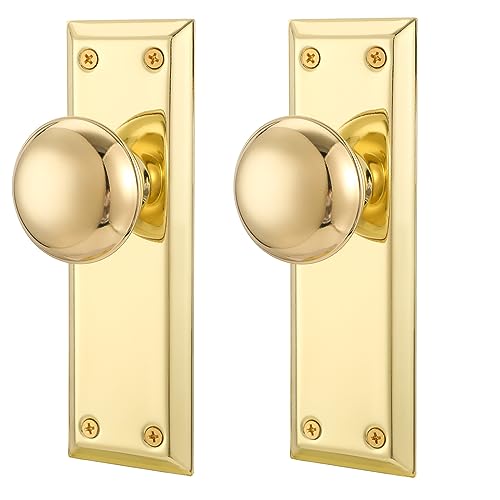 ToPToToo Gold Dummy Door Knob Interior, Inactive Door Knobs for Closet, Antique Bifold Door Knobs Replacement, Single-Side Dummy Old Style Door Handle, Polished Brass, 2 Pack