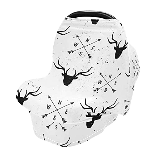 Image of Deer Head Arrows Baby Car Seat Covers Black White Deer Carseat Canopy Soft Infant Stroller Cover Nursing Breastfeeding Covers for Girls Boys Newborn Fit Summer Spring Autumn
