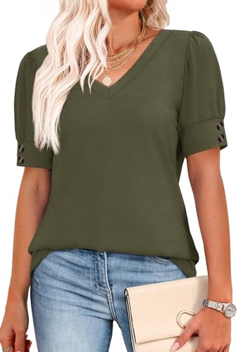 Image of OFEEFAN Womens Tops Short Sleeve Shirts Buttons V Neck Spring Fashion Summer Outfits Plus Size Blouses Dressy Casual