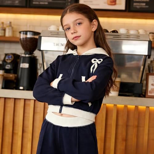 Image of Yoxindax Girls' 2-Piece Clothes Bow Print Zip-Up Hoodie Contrast-Color Wide-Leg Pants Winter 7-14Y Outfits Set