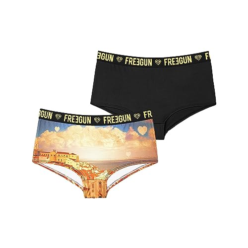 FREEGUN Shorty Fille Stretch, sous-vêtements Enfant, Confortable et Doux (Lot de 2), Noir, Or, Jaune, Taille 6/8 Ans