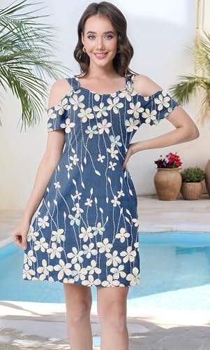 Image of GUNEST Womens Summer Dress Cold Shoulder Scoop Neck Short Sleeve Spaghetti Strap with O Ring Fashion Sundress with Pockets