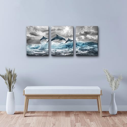 DZRWUBHS Canvas Wall Decor For Living Room Large Wall Art For Bedroom Black And White Wall Pictures Blue Sea Wave Dolphins Wall Paintings Artwork Office Decoration Posters Modern Home Decor 3 Piece