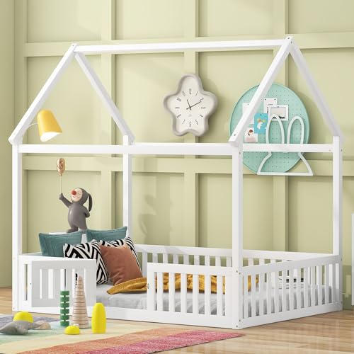 Image of Merax Full Size Wood House Bed with Fence and Door, Wooden Bedframe with Roof for Teens, Boys or Girls, White