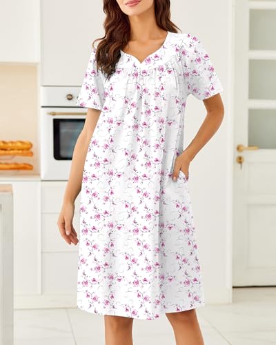 Image of Ekouaer Moo Moos for Women House Dress With Pockets Cotton Nightgowns Short Sleeve Night gowns Embroidered Mumu Dress