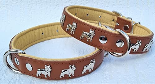 Bully Französische Bulldogge Frenchie Halsband - Halsumfang 30-39cm/30mm, 32-44cm/30mm, 36-49cm/30mm Leder Cognac Beige (3. Halsumfang 36-49cm/30mm/55cm)