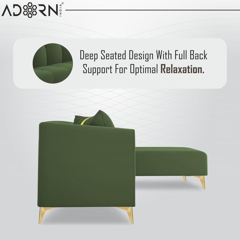 Image of Adorn India Premium Mystic - 3 Years Warranty - L Shape 5 Seater Sofa Set Velvet Suede Fabric - Green