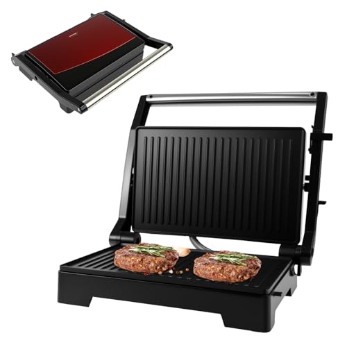 kisidus Sandwicheras y Panini, Parrilla Eléctrica, Tostadora con Revestimiento Antiadherente, 1000W, Apertura de 180º Dos Superficies de Cocinado de 23 x 15 cm, Rojo