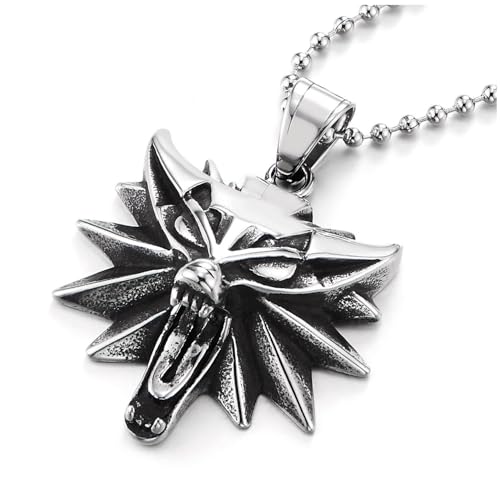 COOLSTEELANDBEYOND Mens Women Vintage Steel Roaring Fox Head Pendant Necklace, 30 inches Ball Chain, Punk Rock3