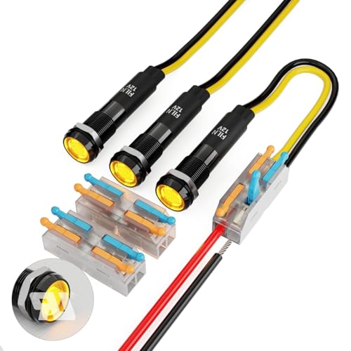FILN 3 Pcs LED 8MM (5/16'') 12V Metal Indicator Light Pilot Lights Black Anodized Waterproof ip67 Red Green Yellow Bule White Signal Lamp(Black Anodized Yellow 3 Pcs)