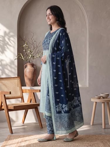 Image of INDO ERA Women's Straight Pure Cotton Floral Self Design Kurta & Pant With Dupatta Set | Kurta Sets For Woman
