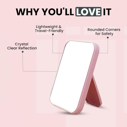 Image of Mirror with Stand | Glass Rectangle Cosmetic Standing Mirror for Makeup, Portable for Travel, Camping, Home (Pink - Pack of 1, Rectangular, Floor Mount, Framed)