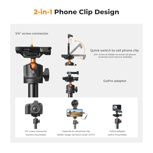 Image of K&F CONCEPT MS08 62'' Phone Selfie Stick Tripod, 2-in-1 Extendable Cell Phone Tripod Stand with Remote, 360 Ball Head Camera Tripod Compatible with DJI Osmo Pocket 4 /3 GoPro 13 /12 iPhone17.