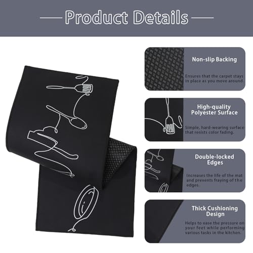 2 Pieces Kitchen Rugs and Mats,Kitchen Floor Mats Non Slip Washable,for Kitchen,Hallway,Living Room,Bedroomt,Black,40x60+40x120cm - Image 4