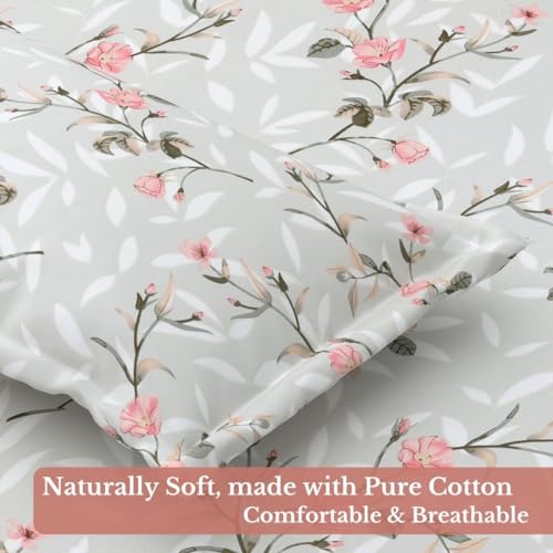 Image of Jaipur Weaves King Size Elastic Fitted Bedsheet, 100% Pure Cotton King Size Fitted Bedsheet for Double Bed with 2 Pillow Covers, 240 TC, 72x78 Inches up to 8-inch Mattress, Floral (Spring Tulips Grey)