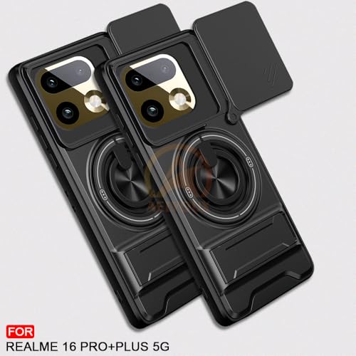 Image of Realme 16 Pro Plus 5G Back Cover | Armor Camera Slider 360 Degree Rotating Finger Ring Holder Case with Bracket Stand Back Case Cover (Compatible with MagSafe Accessories) (Black)
