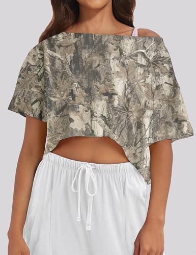 Women Camo Off The Shoulder Shirt Top Short Sleeve Boat Neck Athletic Workout Crop Tees Oversized T Shirts Summer2