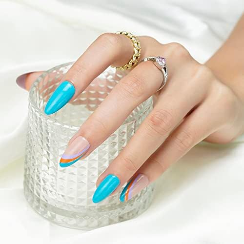 Almond Press on Nails Medium, 24pcs Blue Ripples Acrylic Fake Nails Full Cover Natural, Shimmery False Nails with Designs, Glue on Nails for Women Girls