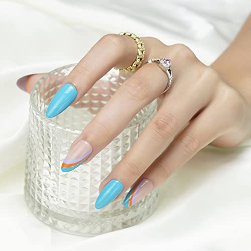 Almond Press on Nails Medium, 24pcs Blue Ripples Acrylic Fake Nails Full Cover Natural, Shimmery False Nails with Designs, Glue on Nails for Women Girls