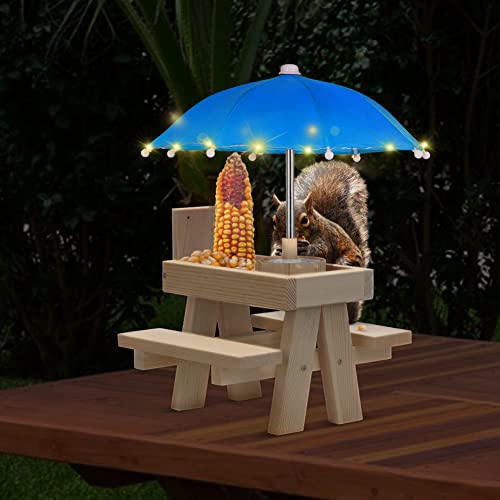 La Ken Du,Squirrel Feeder For Outside Hanging With Umbrella-Bird Squirrel Picnic Table Feeder With String Lights(Natural Wood & Wooden Water Bowl Blue) #TOP5