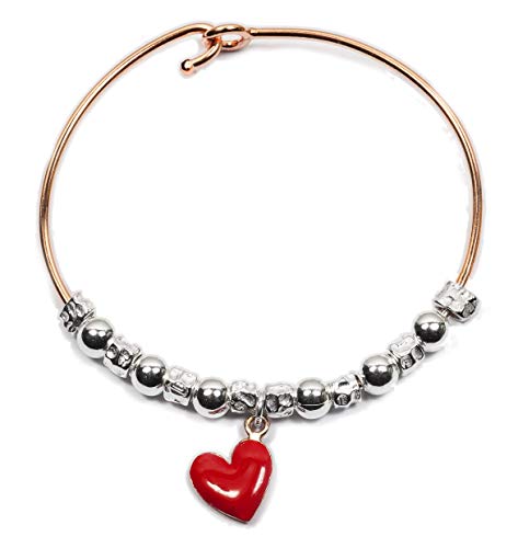  BRACCIALE RIGIDO in ARGENTO 925, con palline,pepite martellate e ciondolo CUORE smaltato rosso