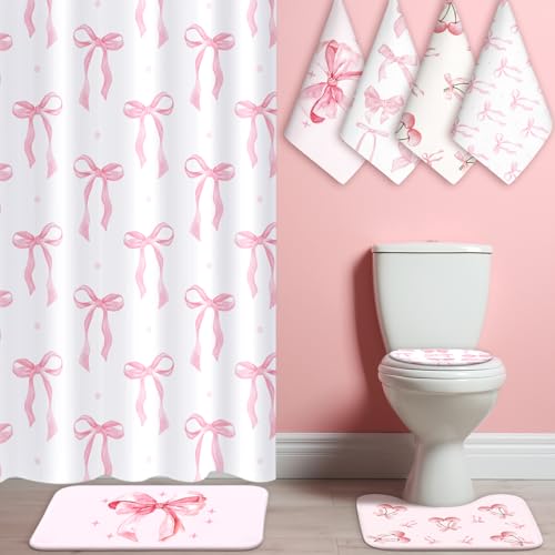8 Pcs Pink Bow Shower Curtain Sets for Bathroom Decor
